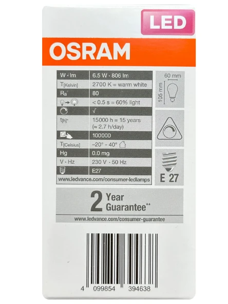 (2 Adet) Osram 6,5W (60W) 2700K (Sarı Işık) Dim Edilebilir E27 Duylu (Kalın Duy) Led Şeffaf Ampul - Resim 5