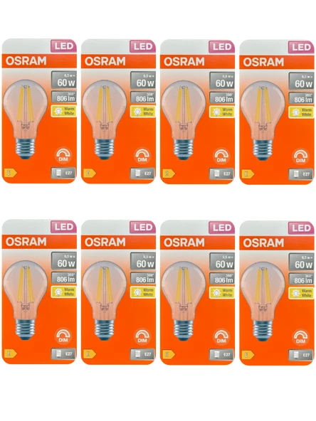 (8 Adet) Osram 6,5W (60W) 2700K (Sarı Işık) Dim Edilebilir E27 Duylu (Kalın Duy) Led Şeffaf Ampul ürün görseli 1