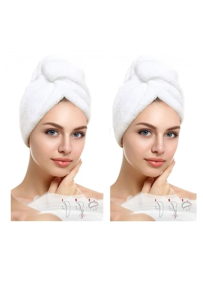 2 Adet Beyaz Mikrofiber Düğmeli Lastikli Banyo Pilaj Havuz Saç Bonesi Saç Havlusu