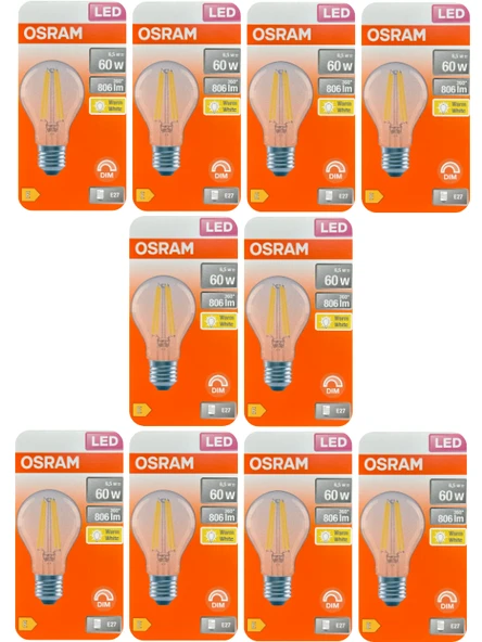 (10 Adet) Osram 6,5W (60W) 2700K (Sarı Işık) Dim Edilebilir E27 Duylu (Kalın Duy) Led Şeffaf Ampul ürün görseli