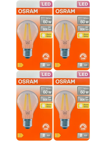 (4 Adet) Osram 6,5W (60W) 2700K (Sarı Işık) Dim Edilebilir E27 Duylu (Kalın Duy) Led Şeffaf Ampul ürün görseli 1