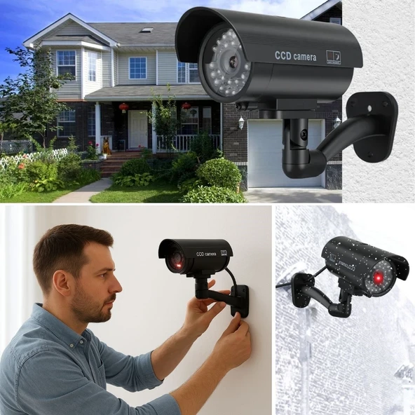 Petinka® Duvara Monte Edilebilen Kırmızı Işıklı Siyah Sahte Güvenlik Kamerası Fake Kamera - 6