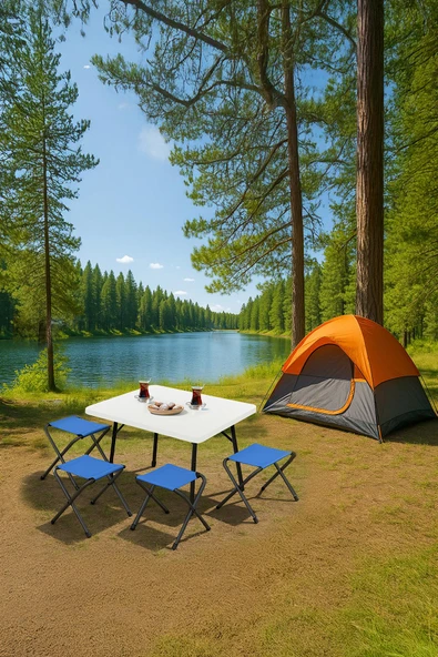 Exent 45X60 cm Kamp Sehpası + 4 Adet MAVİ Tabure Piknik, bahçe balkon sehpası Katlanır Sehpa-B-4M ürün görseli