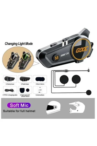 C50 Motosiklet Intercom Kask Kulaklık 1000 Mah Rgb Işıklı Bluetooth Kulaklık Ip67 - Resim 4