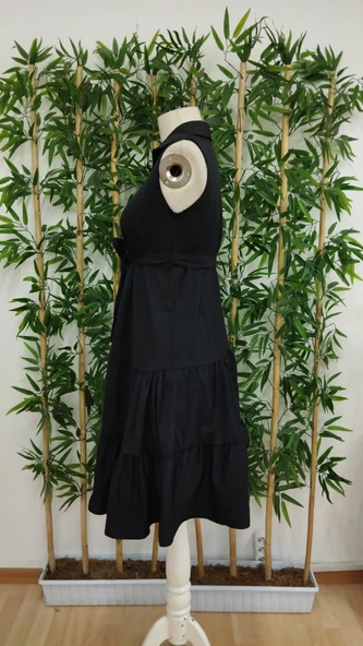 Kadın Kısa Kollu Gömlek Yaka Düğmeli Beli Kuşaklı Katlı Dokuma Midi Elbise - Resim 7