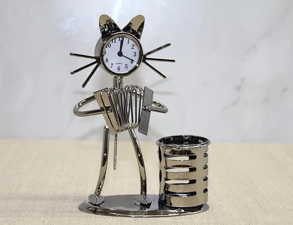 Metal Akordiyon Çalan Kedi Müzisyen Saat Ve Kalemlik Alk4344 ürün görseli