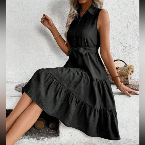 Kadın Kısa Kollu Gömlek Yaka Düğmeli Beli Kuşaklı Katlı Dokuma Midi Elbise - Resim 12