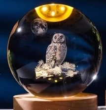 Dekoratif Baykuş Tasarımlı Ahşap Altlıklı Işıklı Cam Küre Büyük Boy 8cm ürün görseli