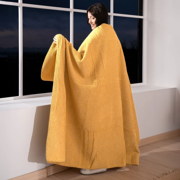 Pamuk Battaniye Tek Kişilik Tv Battaniyesi 130x170cm Hardal - Resim 3