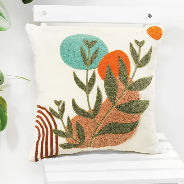 Beyaz Kumaş Punch Nakışlı Dekoratif Kırlent Kılıfı 45 X 45 Cm ürün görseli 1