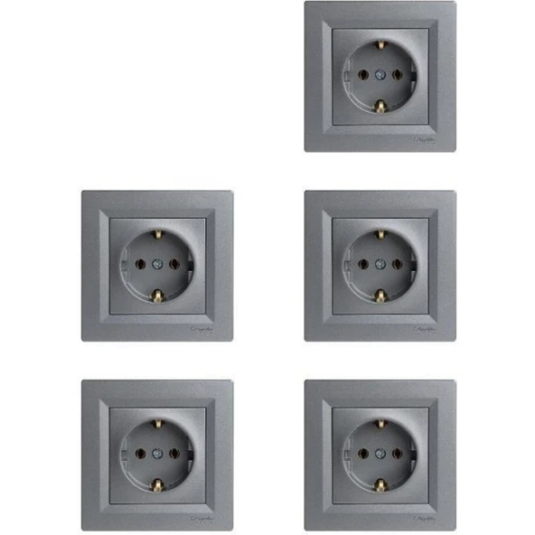 Schneider Asfora Çelik Topraklı Priz 5'li Paket (Çerçeveli) ürün görseli