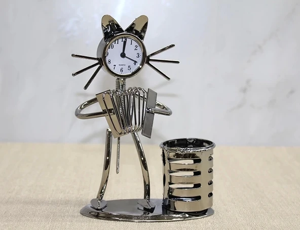Metal Akordiyon Çalan Kedi Müzisyen Saat Ve Kalemlik Alk4344