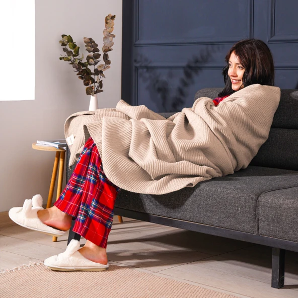 Pamuk Battaniye Tek Kişilik Tv Battaniyesi 150x200cm Bej - Resim 2