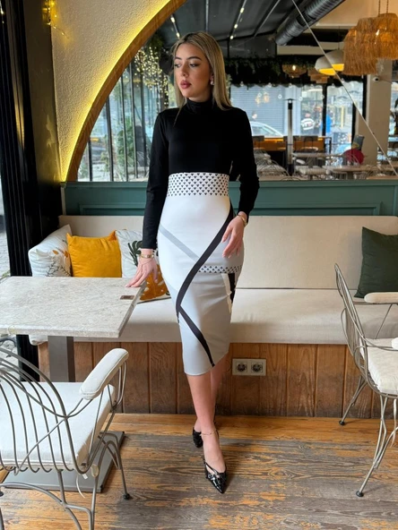 Kadın Uzun Kollu Balıkçı Yaka Dalgıç Midi Boy Elbise - 2