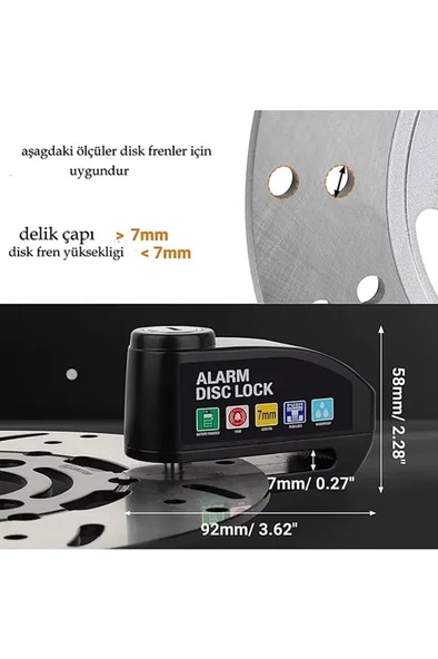 Alarmlı Disk Kilidi Motorsiklet Scooter Bisiklet Sesli Alarm 110 Desibel Yüksek Ses - 4