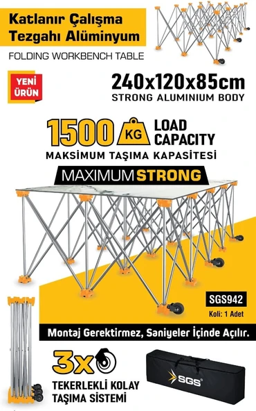 SGS942 - Seramik Fayans Katlanır Çalışma Tezgahı Alüminyum 240 x 120 x 185cm - 2