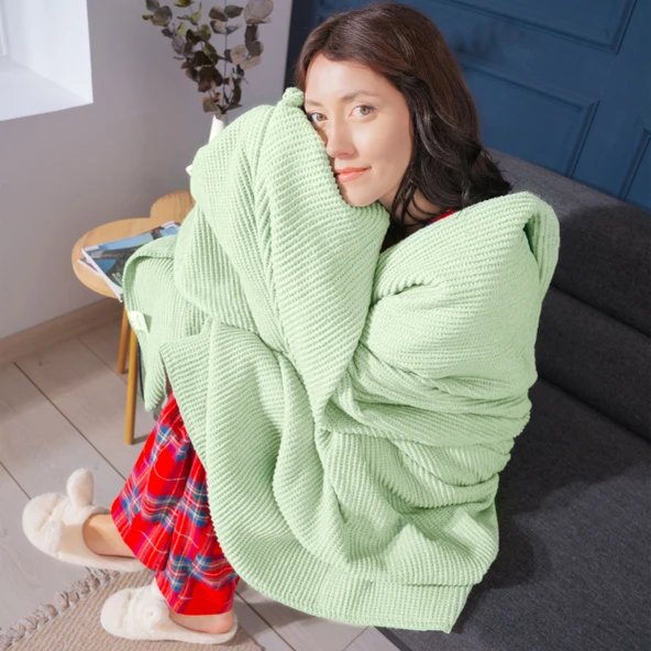 Pamuk Battaniye Tek Kişilik Tv Battaniyesi 150x200cm Mint Yeşili - Resim 2