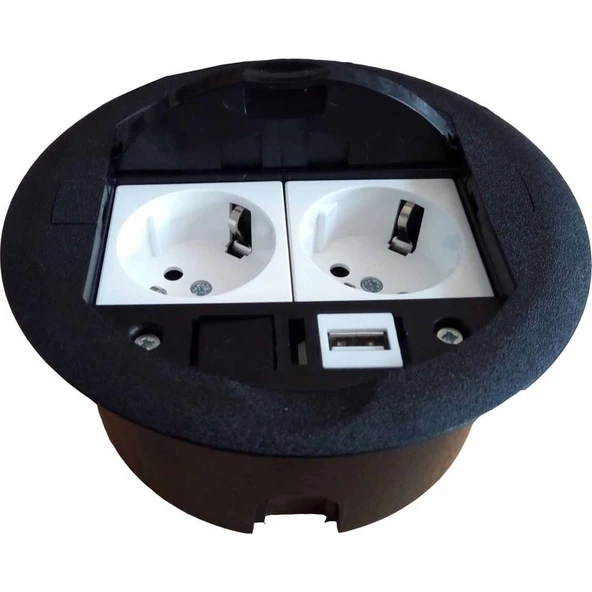NE-AD Masa Üstü Priz Kutusu Gömme Tip Siyah + 2 Ad. Priz + 1 Ad. USB Geçiş - Resim 2