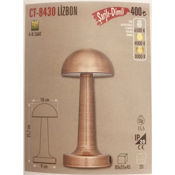 Cata Ct-8430 Retro Bakır Dokunmatik Şarjlı Led Masa Lambası - Resim 4