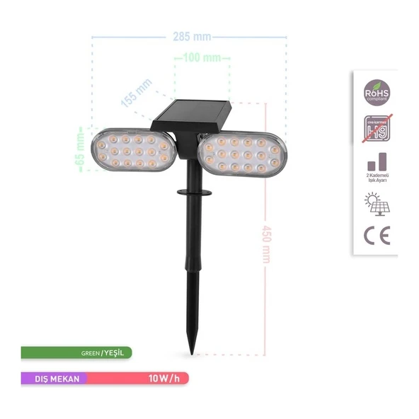 Ack Solar LED Kazıklı Çim Armatürü Güneş Enerjili Bahçe Duvar Aydınlatması Yeşil Renk - 4