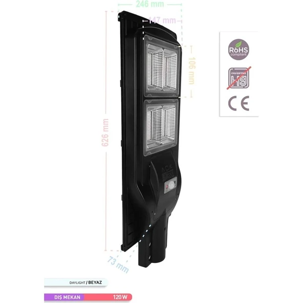 Ack 240 LED Li LED Solar Sokak Armatürü Siyah Kasa 6500K Beyaz Işık 3.2V 120W - 4