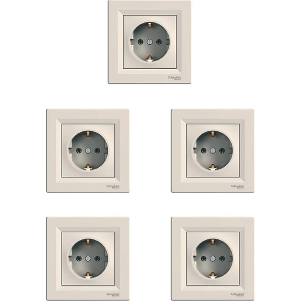 Schneider Electric Asfora Plus Serisi Krem Topraklı Priz 5li Paket Çerçeve Dahil ürün görseli 1