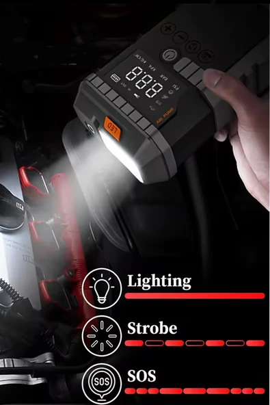 EXENAR 12.000mAh Araç Akü Şarj Takviyeli Işıklı Hava Kompresörü Akü Takviye Cihazı 4'ü 1 Arada Powerbank, - Resim 3