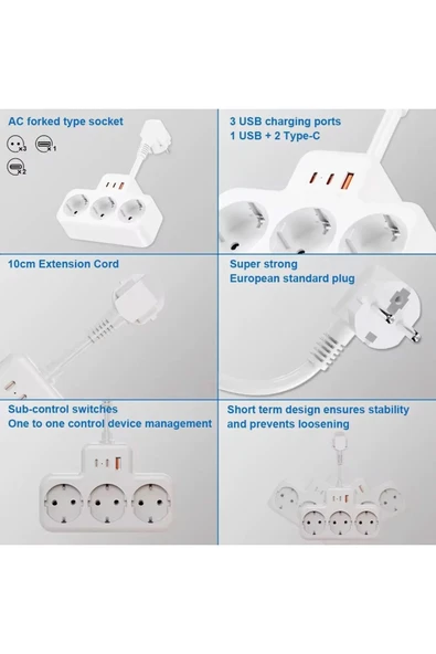 EXENAR Çoklu Kablolu Priz -Priz Çoğaltıcı-Priz Dönüştürücü 1USB - 2Type-C Girişli Yüksek Akım Korumalı Fiş - Resim 7