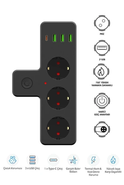 EXENAR USB Type-C Priz Dönüştürücü Şarj Adaptörü Priz-3 USB-1 Type-C Girişli Çoklu Fiş Priz Çoklayıcı 2500W - Resim 3