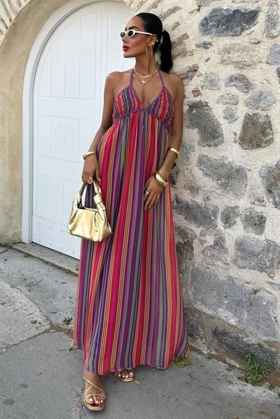 Askılı Pile Detaylı Renkli Maxi Elbise 2748 ürün görseli