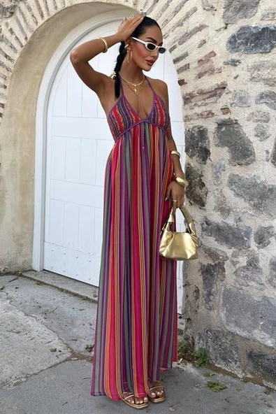 Askılı Pile Detaylı Renkli Maxi Elbise 2748 - Resim 9