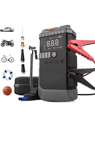 EXENAR 12.000mAh Araç Akü Şarj Takviyeli Işıklı Hava Kompresörü Akü Takviye Cihazı 4'ü 1 Arada Powerbank, - Resim 4