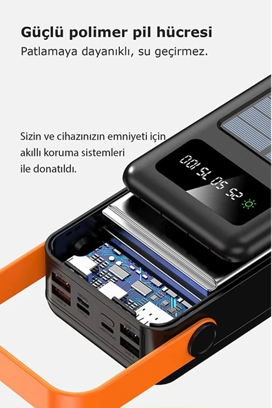 EXENAR Güneş Enerjili 50.000 mAh Powerbank Hızlı Şarj Kamp Ledli Işıklı Powerbank Kendinden Kablolu Solar - 8