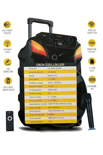 EXENAR Bluetooth Hoparlör Speaker Karaoke Mikrofonlu Süper Bas Hoparlör 2x30W Büyük Boy Tekerlekli 5400mAh - Resim 2