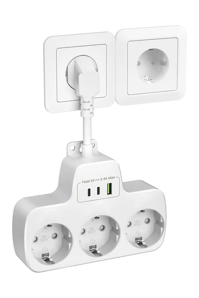 EXENAR Çoklu Kablolu Priz -Priz Çoğaltıcı-Priz Dönüştürücü 1USB - 2Type-C Girişli Yüksek Akım Korumalı Fiş - Resim 6