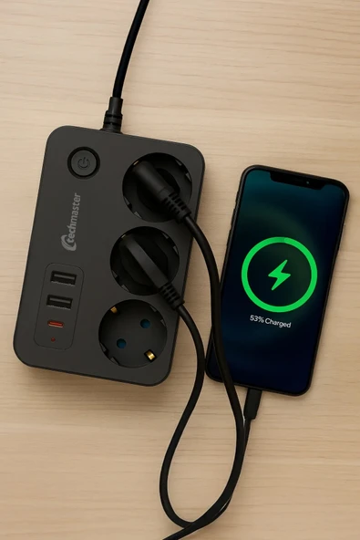 EXENAR USB Type-C Priz Dönüştürücü Şarj Adaptörü Priz-2 USB-1 Type-C 2 M Kablo Girişli Çoklu Fiş 2500W - Resim 4