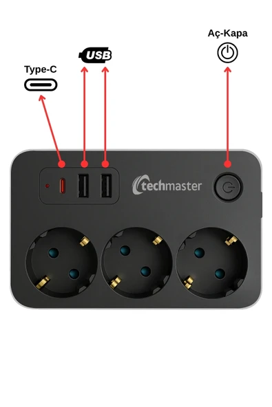 EXENAR USB Type-C Priz Dönüştürücü Şarj Adaptörü Priz-2 USB-1 Type-C 2 M Kablo Girişli Çoklu Fiş 2500W - Resim 3