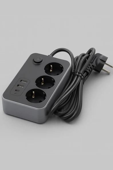 EXENAR USB Type-C Priz Dönüştürücü Şarj Adaptörü Priz-2 USB-1 Type-C 2 M Kablo Girişli Çoklu Fiş 2500W - Resim 5