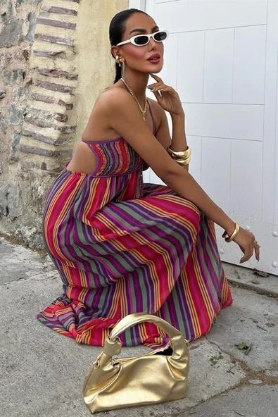 Askılı Pile Detaylı Renkli Maxi Elbise 2748 - Resim 4