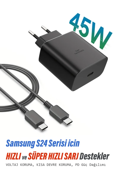 EXENAR Samsung Galaxy S24 Uyumlu Şarj Cihazı S24 Ultra S24+ Plus S24 FE Şarj Aleti ve Kablosu 45W Adaptör ürün görseli