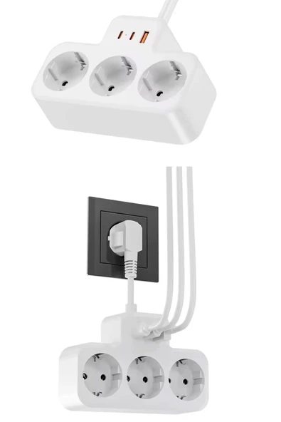 EXENAR Çoklu Kablolu Priz -Priz Çoğaltıcı-Priz Dönüştürücü 1USB - 2Type-C Girişli Yüksek Akım Korumalı Fiş - Resim 3