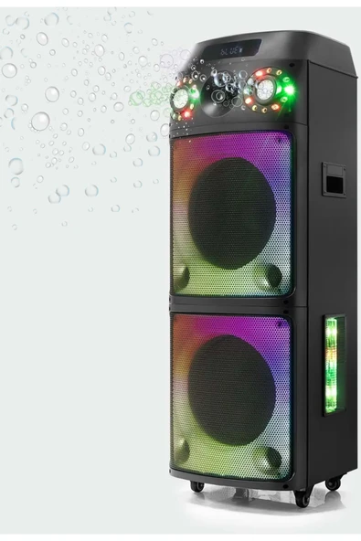 EXENAR Büyük Boy Bluetooth Hoparlör Speaker 12"x2 100W WOOFER 2 Mikrofon Hoparlör 9000mAh Baloncuklu Ledli - Resim 4