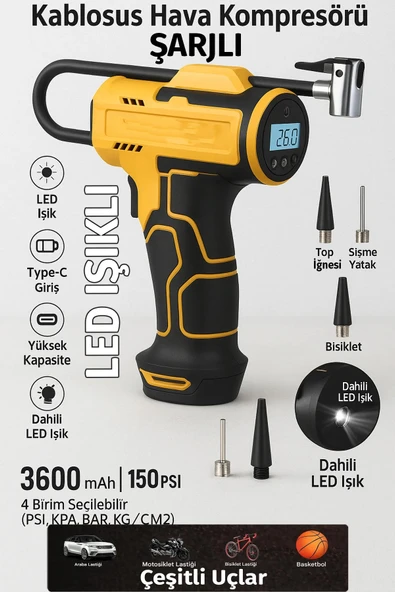 EXENAR 3600mAh Araç Işıklı Hava Kompresörü Takviye Cihazı Lastik Şişirme Pompası 150PSI - Resim 5
