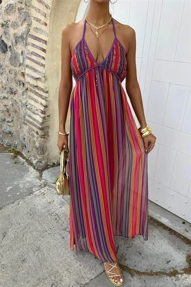 Askılı Pile Detaylı Renkli Maxi Elbise 2748 - Resim 6