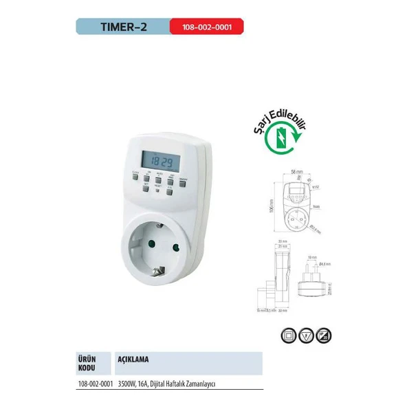 Horoz Elektrik Horoz Timer-2 Dijital Ayar Zaman Saati Prizi Rolesi Haftalık 20 Programlı Açma-Kapama ürün görseli