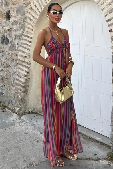 Askılı Pile Detaylı Renkli Maxi Elbise 2748 - Resim 8