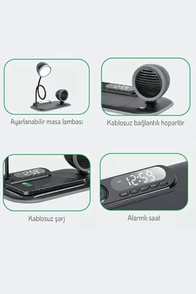 EXENAR Kablosuz Şarj Standı 4in1 Apple Iphone - Android Uyumlu Çok Amaçlı Bluetooth Hoparlör Masa Lambası - Resim 3
