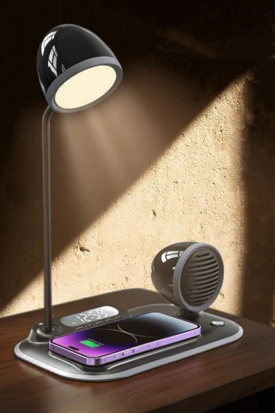EXENAR Kablosuz Şarj Standı 4in1 Apple Iphone - Android Uyumlu Çok Amaçlı Bluetooth Hoparlör Masa Lambası ürün görseli