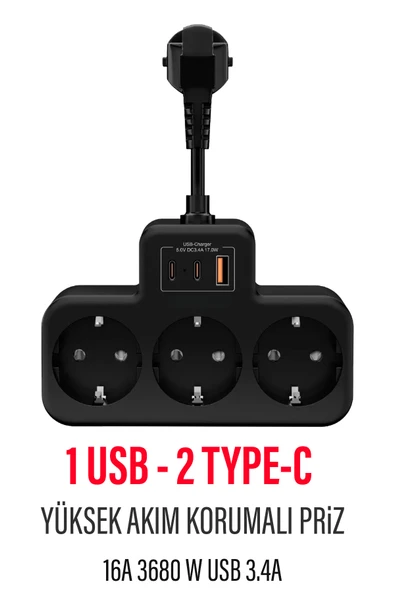 EXENAR Çoklu Kablolu Priz -Priz Çoğaltıcı-Priz Dönüştürücü 1USB - 2Type-C Girişli Yüksek Akım Korumalı Fiş ürün görseli