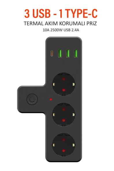 EXENAR USB Type-C Priz Dönüştürücü Şarj Adaptörü Priz-3 USB-1 Type-C Girişli Çoklu Fiş Priz Çoklayıcı 2500W ürün görseli